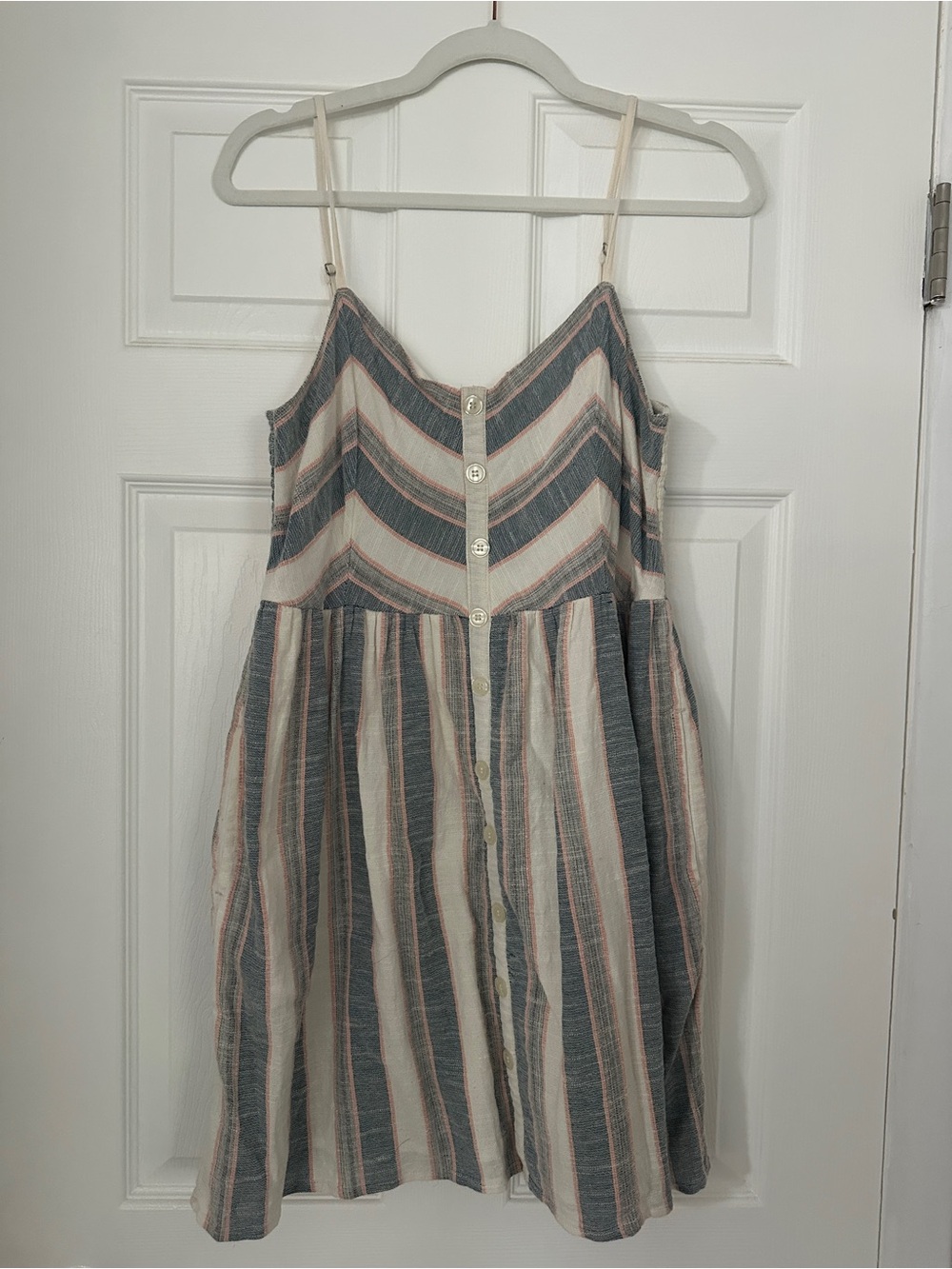 Altar’d State — Striped Button-Front Spaghetti Strap Dress — Blue & Cream